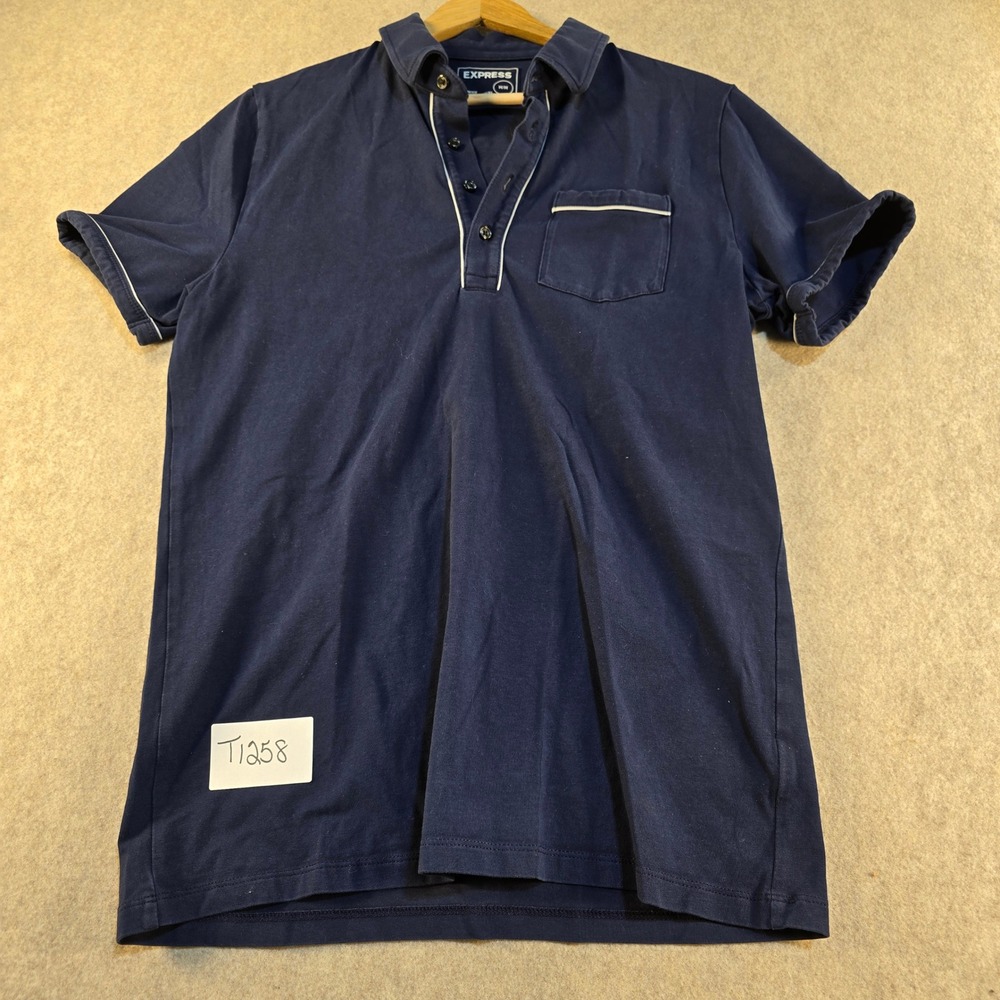 Express Mens Polo Shirt Medium Navy Blue Stretch Moisture Wicking White Piping